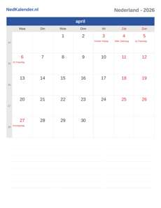 Kalender 2026 april