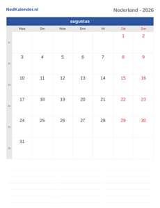 Kalender 2026 augustus