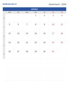 Kalender 2026 oktober