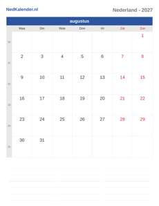 Kalender 2027 augustus