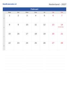 Kalender 2027 Februari