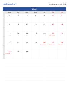 Kalender 2027 Maart