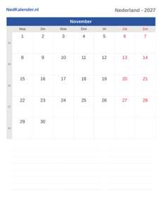 Kalender 2027 November