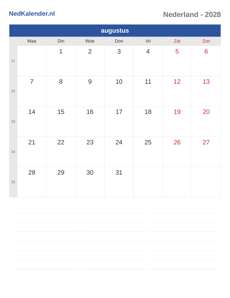Kalender 2028 augustus