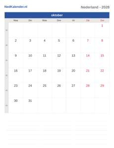 Kalender 2028 oktober