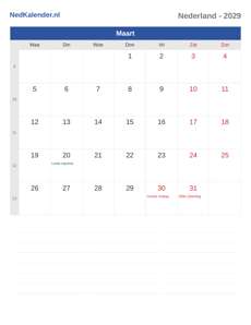Kalender 2029 Maart